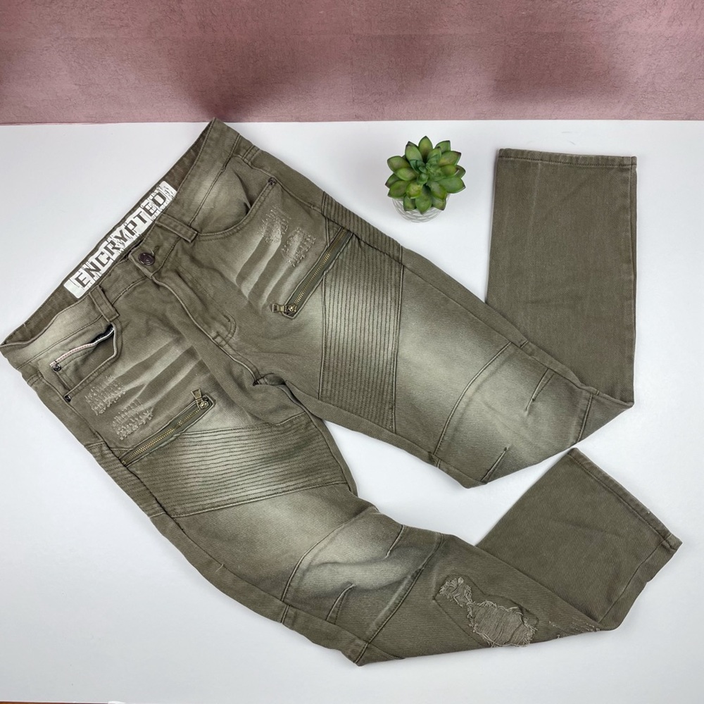 Encrypted Green Distressed Faded Washed Denim Jeans Men Size 32